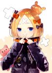  1girl abigail_williams_(fate/grand_order) alternate_hairstyle bandaid_on_forehead bangs belt black_bow black_jacket blonde_hair blue_eyes blush bow crossed_fingers fate/grand_order fate_(series) forehead hair_bow hair_bun high_collar jacket long_hair looking_at_viewer orange_bow parted_bangs polka_dot polka_dot_bow sakipsakip shiny shiny_hair solo stuffed_animal stuffed_toy teddy_bear white_background x 