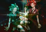  2others black_neckwear black_shorts colored_eyelashes commentary_request crystal_hair gem gem_uniform_(houseki_no_kuni) green_eyes green_hair houseki_no_kuni looking_at_viewer multiple_others necktie phosphophyllite red_eyes redhead shards shinsha_(houseki_no_kuni) short_hair short_sleeves shorts tin_nijigen 