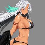  1girl arched_back arms_behind_back ass azur_lane bare_shoulders bikini bikini_top black_jacket breasts brown_eyes butt_crack cleavage colored_eyelashes commentary_request dark_skin eyebrows_visible_through_hair from_side grey_background halter_top halterneck highres jacket jacket_removed jitome large_breasts long_hair long_sleeves looking_at_viewer massachusetts_(azur_lane) midriff multicolored_hair navel open_clothes schreibe_shura silver_hair simple_background skindentation solo swimsuit swimsuit_under_clothes 