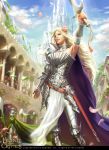  1girl armor armored_boots artist_name blonde_hair boots castle clouds copyright_name curly_hair faceless faceless_male flag flower gloves hair_flower hair_ornament leaf legend_of_the_cryptids long_hair official_art petals sky solo sword tatiana_kirgetova teeth tree weapon 