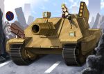  1girl artist_request blonde_hair blue_eyes breasts caterpillar_tracks clouds day ground_vehicle long_hair marker_(medium) military military_vehicle motor_vehicle original road_sign ruins sign sky tank traditional_media 