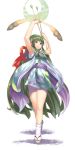  1girl ahoge arms_up arrow bare_arms bow_(weapon) closed_mouth dark_green_hair eyebrows_visible_through_hair full_body geta green_hair green_hairband hairband highres holding holding_bow_(weapon) holding_weapon japanese_clothes kimono long_hair looking_at_viewer monosenbei muneate smile solo standing tabi touhoku_zunko very_long_hair vocaloid voiceroid weapon white_legwear yellow_eyes yukata 
