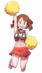  1girl alternate_costume arm_up armpits blush_stickers boku_no_hero_academia breasts brown_eyes brown_hair cheerleader choker crop_top full_body highres jumping large_breasts looking_at_viewer midriff mochi_(mochi444420) navel open_mouth pleated_skirt pom_poms shoes short_hair simple_background skirt sleeveless smile socks solo upper_teeth uraraka_ochako white_background 