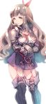  1girl belt breastplate brown_eyes brown_hair closed_mouth dress fire_emblem fire_emblem:_kakusei flower garter_straps gauntlets hair_ornament long_hair negiwo shoulder_armor sidelocks simple_background smile solo standing sumia thigh-highs twitter_username white_background wing_hair_ornament zettai_ryouiki 