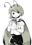  1girl :d antennae bow bowtie cape collared_shirt cowboy_shot greyscale juliet_sleeves long_sleeves looking_at_viewer monochrome open_mouth pants puffy_sleeves sasa_kichi shirt short_hair simple_background smile solo standing touhou white_background wing_collar wriggle_nightbug 
