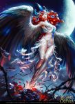  1girl artist_name bare_shoulders blue_eyes breasts cleavage clouds copyright_name curly_hair feathered_wings feathers flower hair_ornament harpy legend_of_the_cryptids long_hair monster_girl moon navel night night_sky official_art redhead rose sky solo star_(sky) tatiana_kirgetova thigh-highs thorns wings 
