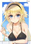  1girl ahoge bangs bare_shoulders bikini black_bikini black_hairband blonde_hair blue_eyes blue_sky blush breasts cleavage clouds collarbone day eyebrows_visible_through_hair fate/apocrypha fate/grand_order fate_(series) fingernails hair_between_eyes hair_flaps hairband highres jeanne_d&#039;arc_(fate) jeanne_d&#039;arc_(fate)_(all) large_breasts long_hair looking_at_viewer nayuhi_(yukimuu14) parted_lips signature sky solo swimsuit very_long_hair 