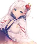  1girl azur_lane bangs black_gloves blue_eyes blush breasts closed_mouth eyeliner gloves hair_ornament hakusai_ponzu heart heart-shaped_pupils large_breasts long_hair long_sleeves looking_at_viewer makeup mole mole_under_eye one_side_up partly_fingerless_gloves shoukaku_(azur_lane) smile solo straight_hair symbol-shaped_pupils white_hair wide_sleeves 