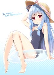  1girl bangs barefoot blue_hair blunt_bangs character_name eyebrows_visible_through_hair feet full_body gradient gradient_background hand_on_headwear hat hat_ribbon highres innertube kotonoha_aoi long_hair looking_at_viewer ominaeshi_(takenoko) one-piece_swimsuit red_eyes ribbon simple_background smile solo strap_slip sun_hat swimsuit voiceroid 