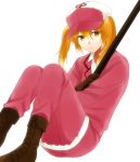  1girl baseball_cap blonde_hair boots cross-laced_footwear eosinophil_(hataraku_saibou) expressionless fur-trimmed_hat hamu_(15532231) hat hataraku_saibou highres jacket knees_together_feet_apart looking_at_viewer pants shirt short_hair simple_background sitting solo twintails weapon white_background yellow_eyes 