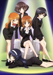  5girls absurdres adjusting_eyewear ahoge akiyama_yukari alternate_costume arm_support bell bell_collar black_eyes black_hair brown_eyes brown_hair business_suit chin_rest collar formal girls_und_panzer glasses hairband highres isuzu_hana itou_takeshi jacket leaning_forward legs_crossed long_hair looking_at_viewer lying megami messy_hair miniskirt multiple_girls nishizumi_miho no_socks office_lady official_art on_stomach orange_eyes orange_hair pencil_skirt red-framed_eyewear reizei_mako semi-rimless_eyewear shirt shoes short_hair sitting skirt skirt_suit smile standing suit takebe_saori under-rim_eyewear white_shirt 