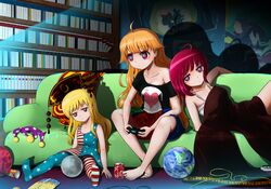  3girls adapted_costume alternate_costume american_flag_dress american_flag_legwear barefoot blonde_hair book bookshelf can chips clownpiece contemporary controller couch crumbs dark_room earth_(ornament) food game_console game_controller hecatia_lapislazuli highres junko_(touhou) long_hair moon_(ornament) multiple_girls okema on_couch playing_games playstation_4 playstation_controller poster_(object) red_eyes redhead shadow soda_can touhou 