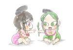  2girls :3 baby bib bow brown_hair chamaji commentary_request green_eyes green_hair hat multiple_girls myouga_(plant) nishida_satono pink_eyes saliva short_hair short_sleeves sidelocks simple_background sitting swirl teireida_mai touhou younger 