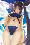  1girl arm_at_side bangs bare_legs bare_shoulders bikini black_hair blue_bikini blue_eyes blue_panties blue_sky breasts closed_mouth collarbone commentary_request contemporary cowboy_shot erect_nipples eyebrows_visible_through_hair fate/grand_order fate_(series) from_below gluteal_fold goemon1110 highleg highleg_bikini highres impossible_clothes katana lips long_hair looking_at_viewer medium_breasts midriff navel panties parted_bangs sheath sheathed side_ponytail sky sleeves_past_wrists smile swimsuit sword thigh_gap thighs underwear ushiwakamaru_(fate/grand_order) very_long_hair weapon wide_sleeves 