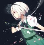  1girl absurdres black_bow black_gloves bow dress dutch_angle eyebrows_visible_through_hair gloves green_dress hair_bow highres holding holding_sword holding_weapon katana konpaku_youmu leisss parted_lips pinafore_dress shirt short_hair short_sleeves silver_hair sleeveless sleeveless_dress solo sword touhou upper_body violet_eyes weapon white_shirt 