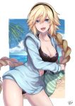  1girl :d bag bangs beach bikini black_bikini black_hairband blonde_hair blue_eyes blue_hoodie blue_sky braid breasts cleavage collarbone commentary_request contrapposto cowboy_shot day eyebrows_visible_through_hair fate/grand_order fate_(series) floating_hair hair_between_eyes hairband handbag highres holding holding_bag horizon jeanne_d&#039;arc_(fate) jeanne_d&#039;arc_(fate)_(all) large_breasts long_hair looking_at_viewer navel no_pants ocean open_mouth outdoors palm_tree partially_unzipped re_(re_09) sand shiny shiny_hair shiny_skin sidelocks signature single_braid sky smile solo standing striped swimsuit tree very_long_hair zipper 
