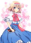  1girl alice_margatroid blonde_hair blue_dress blue_eyes blush bow bowtie capelet dress frilled_capelet frills hair_between_eyes hairband holding irino long_dress red_bow short_hair smile solo standing touhou white_background white_capelet white_hairband 