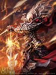  1boy armor clouds copyright_name fire gloves highres legend_of_the_cryptids long_hair male_focus official_art red_eyes sky solo sword weapon white_hair woo_chul_lee 