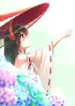  1girl bare_shoulders black_hair brown_eyes detached_sleeves eyebrows_visible_through_hair flower haruna_(kantai_collection) headgear holding holding_umbrella kantai_collection kuro-kun_(nablack) long_hair nontraditional_miko oriental_umbrella outstretched_arm remodel_(kantai_collection) simple_background solo umbrella upper_body white_background 