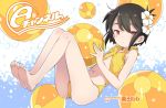  1girl a_channel ball bare_legs barefoot beachball black_hair eyebrows_visible_through_hair flat_chest flower full_body hair_flower hair_ornament highres ichii_tooru knees_up kuroda_bb looking_at_viewer midriff navel official_art red_eyes short_hair solo stomach swimsuit yellow_swimsuit 