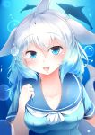  1girl :d absurdres air_bubble blue_eyes blue_hair blush bubble collarbone commentary_request common_bottlenose_dolphin_(kemono_friends) dolphin dolphin_tail eyes_visible_through_hair fins gradient_hair hair_between_eyes highres kanzakietc kemono_friends long_hair looking_at_viewer multicolored_hair open_mouth sailor_collar short_sleeves smile solo underwater upper_body white_hair 