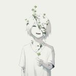  1boy avogado6 closed_eyes clover commentary cracked_skin four-leaf_clover holding_clover muted_color open_mouth original pale_skin smile solo spot_color white_background white_hair 