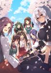  6+girls beret black_gloves blue_eyes blue_sky bottle brown_hair capelet cherry_blossoms closed_eyes clouds commentary_request day double_v dutch_angle eyepatch glasses gloves green_hair hat highres jun&#039;you_(kantai_collection) kantai_collection kiso_(kantai_collection) long_hair looking_at_viewer masago_(rm-rf) maya_(kantai_collection) multiple_girls musashi_(kantai_collection) outdoors partly_fingerless_gloves petals purple_hair red_eyes remodel_(kantai_collection) short_hair silver_hair sky tatsuta_(kantai_collection) twintails unryuu_(kantai_collection) v violet_eyes zuikaku_(kantai_collection) 