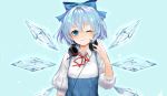  1girl ;) adapted_costume blue_background blue_bow blue_dress blue_eyes blue_hair blush bow breasts cirno commentary dress english_commentary gradient gradient_background hair_between_eyes hair_bow hand_up headphones headphones_around_neck ice ice_wings iouley light_particles looking_at_viewer neck_ribbon one_eye_closed puffy_short_sleeves puffy_sleeves red_neckwear red_ribbon ribbon shirt short_hair short_sleeves simple_background small_breasts smile solo sparkle touhou upper_body white_shirt wing_collar wings 