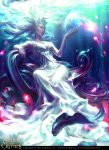  1girl artist_name blue_eyes breasts cleavage copyright_name earrings fantasy fish ghost jewelry legend_of_the_cryptids lipstick long_hair magic makeup necklace official_art sitting solo sparkle tatiana_kirgetova tiara water white_hair 