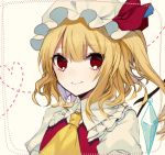  1girl ascot blonde_hair blush commentary_request crystal daimaou_ruaeru dotted_line eyebrows_visible_through_hair flandre_scarlet frilled_shirt_collar frills grey_background hair_between_eyes hat hat_ribbon heart heart_of_string highres long_hair looking_at_viewer mob_cap one_side_up portrait puffy_short_sleeves puffy_sleeves red_eyes red_ribbon red_vest ribbon short_sleeves simple_background slit_pupils smile solo touhou vest white_hat wing_collar wings yellow_neckwear 