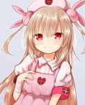  &gt;_&lt; 1girl apron armband bandage bandaged_arm bandages bangs baram blush bunny_hair_ornament eyebrows_visible_through_hair grey_background hair_between_eyes hair_ornament hat heart light_brown_hair long_hair looking_at_viewer natori_sana nurse_cap parted_lips pink_apron pink_hat puffy_short_sleeves puffy_sleeves red_eyes sana_channel shirt short_sleeves simple_background solo tears two_side_up very_long_hair virtual_youtuber white_shirt 