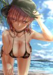  1girl adapted_costume adjusting_clothes adjusting_hat bikini black_bikini black_hat blush breasts chains choker cleavage earrings hanging_breasts hat hecatia_lapislazuli highres jewelry large_breasts leaning_forward legacy_of_lunatic_kingdom looking_at_viewer ocean palm_tree red_eyes redhead short_hair shounen_(hogehoge) side-tie_bikini smile solo standing swimsuit touhou tree 