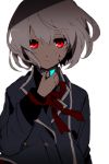  1boy blood blood_on_face blue_jacket closed_mouth commentary_request grey_hair hand_up hiiragi_fuyuki jacket long_sleeves looking_at_viewer male_focus neck_ribbon original red_eyes red_neckwear red_ribbon ribbon simple_background solo white_background 