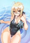  1girl 2018 ahoge artoria_pendragon_(all) bespectacled black_swimsuit blonde_hair braid breasts celebration cleavage competition_swimsuit dated def_(chronowarld) erect_nipples fate/grand_order fate_(series) food french_braid glasses gluteal_fold hair_bun innertube large_breasts looking_at_viewer mouth_hold mysterious_heroine_x_(alter) one-piece_swimsuit partially_submerged popsicle signature sitting solo striped striped_swimsuit swimsuit thigh_gap water yellow_eyes 