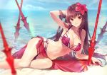  1girl arm_up bangs bare_arms bare_shoulders beach bikini blue_sky blush breasts brown_hair cleavage clouds cloudy_sky collarbone commentary_request day eyebrows_visible_through_hair fate/grand_order fate_(series) flower gae_bolg hair_between_eyes hair_flower hair_intakes hair_ornament hibiscus horizon kagachi_saku large_breasts leg_garter lens_flare long_hair looking_at_viewer navel ocean outdoors parted_lips planted_weapon purple_bikini purple_hair purple_sarong red_bikini red_eyes red_flower sand sarong scathach_(fate)_(all) scathach_(fate/grand_order) scathach_(swimsuit_assassin)_(fate) sky smile swimsuit very_long_hair water weapon 
