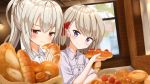  2girls ame. ayanami_(azur_lane) azur_lane blush bow bread closed_mouth collared_shirt commentary_request croissant day dress_shirt food grey_shirt hair_bow head_tilt holding holding_food indoors light_brown_hair long_hair looking_at_viewer multiple_girls ponytail red_bow red_eyes shirt smile tree violet_eyes window z23_(azur_lane) 