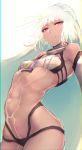  1girl altera_(fate) arched_back bare_shoulders beltbra black_panties breasts closed_mouth collar cowboy_shot detached_sleeves fate/grand_order fate_(series) hometa looking_at_viewer navel panties red_eyes short_hair small_breasts solo standing tattoo underwear veil white_hair 