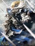  1boy armor blonde_hair blue_eyes clouds copyright_name electricity gloves highres legend_of_the_cryptids long_hair male_focus official_art sky solo sword weapon woo_chul_lee 