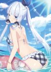  1girl alternate_costume ass azur_lane bangs bare_shoulders bikini bird blue_eyes blush bracelet breasts commentary_request day eyebrows_visible_through_hair flower hair_flower hair_ornament hair_ribbon holding holding_innertube illustrious_(azur_lane) innertube izumo_neru jewelry large_breasts long_hair looking_at_viewer looking_back mole mole_under_eye ocean outdoors plaid plaid_bikini ponytail ribbon shoulder_blades sidelocks smile solo sparkle sunlight swimsuit tress_ribbon wading white_hair 