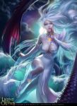  1girl artist_name breasts cleavage clouds copyright_name dragon feathers green_eyes legend_of_the_cryptids long_hair moon nail_polish night night_sky official_art sandals sky solo sparkle star_(sky) tatiana_kirgetova teeth water white_hair 