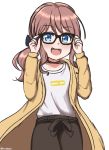  1girl :d absurdres ahoge bang_dream! bangs bespectacled blue_eyes blush brown_hair brown_legwear choker clothes_writing collarbone eyebrows_visible_through_hair glasses hair_ornament hair_ribbon happy highres jacket looking_at_viewer medium_hair nan0teck open_mouth ponytail ribbon shirt shirt_tucked_in smile solo standing swept_bangs t-shirt twitter_username wavy_hair yamabuki_saaya 