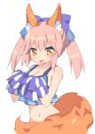  1girl :o animal_ears bangs bare_arms bare_shoulders blush breasts brown_eyes cheerleader cleavage craytm crop_top eyebrows_visible_through_hair fang fate/extra fate_(series) fox_ears fox_girl fox_tail groin hair_between_eyes hands_up highres holding long_hair medium_breasts navel open_mouth pink_hair pom_poms simple_background solo tail tamamo_(fate)_(all) tamamo_no_mae_(fate) twintails white_background 