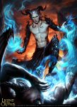  1boy abs artist_name bird clouds copyright_name faceless faceless_male fangs gloves horns legend_of_the_cryptids male_focus navel official_art shirtless sky snake solo tatiana_kirgetova tattoo white_hair 