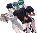  3others androgynous artist_request bangs blue_eyes blue_hair blunt_bangs crystal_hair finger_in_mouth gem_uniform_(houseki_no_kuni) golden_arms green_eyes green_hair hand_holding hand_on_another&#039;s_hip heterochromia highres holding_another&#039;s_arm houseki_no_kuni multiple_others multiple_persona necktie phosphophyllite phosphophyllite_(ll) see-through selfcest short_hair smile sparkle spoilers white_background white_eyes 