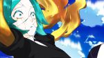  1other androgynous blue_sky clouds colored_eyelashes crack cracked crying crying_with_eyes_open falling gem_uniform_(houseki_no_kuni) genkou_teifujou gold golden_arms green_eyes green_hair houseki_no_kuni melting necktie phosphophyllite short_hair sky solo tears wide-eyed 