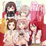+_+ 5girls :3 :d :o afterglow_(bang_dream!) aoba_moca bang_dream! bangs black_hair blue_eyes bob_cut brown_eyes brown_hair clenched_hand collared_shirt commentary_request controller couch doll doll_hug game_controller green_eyes green_neckwear green_skirt grey_hair hair_between_eyes hand_on_another&#039;s_shoulder haneoka_school_uniform hazawa_tsugumi holding holding_doll index_finger_raised leaning_on_person long_hair low_twintails miniskirt mitake_ran muchise multicolored_hair multiple_girls necktie open_mouth outstretched_hand pink_hair plaid plaid_skirt playing_games pleated_skirt redhead round_teeth school_uniform shirt short_hair short_sleeves short_twintails sitting skirt sleeves_rolled_up smile streaked_hair striped_neckwear sweatdrop sweater_vest teeth translation_request twintails udagawa_tomoe uehara_himari upper_teeth violet_eyes white_shirt