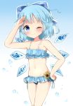  1girl alternate_costume antidote arm_up armpit_crease bangs bikini bikini_skirt blue_background blue_bikini blue_bow blue_hair blue_sky blush bow cirno commentary_request cowboy_shot curled_fingers eyebrows_visible_through_hair flat_chest flower gradient gradient_background hair_bow hand_on_hip hand_to_forehead looking_at_viewer lowleg lowleg_bikini navel one_eye_closed short_hair side-tie_bikini sky smile solo sunflower swimsuit touhou water_drop wings 