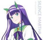  1girl animal_ears aoba_(smartbeat) blue_eyes character_name commentary_request cosplay fake_animal_ears fate/grand_order fate_(series) hair_ornament horse_ears long_hair looking_at_viewer purple_hair saint_martha silence_suzuka silence_suzuka_(cosplay) solo umamusume white_background 