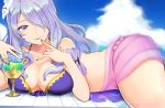  1girl artist_name asymmetrical_bangs bangs bare_shoulders bikini breasts camilla_(fire_emblem_if) cleavage clouds cloudy_sky cup drinking_glass fire_emblem fire_emblem_heroes fire_emblem_if flower hair_flower hair_ornament hair_over_one_eye hand_to_own_mouth large_breasts lavender_hair long_hair lying midriff nail_polish o-ring o-ring_bikini o-ring_bottom ocean on_stomach parted_bangs pokey purple_nails sash see-through sky solo swimsuit tongue tongue_out violet_eyes 