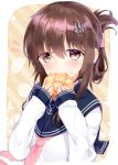  1girl anchor_symbol bangs blue_sailor_collar blush bread brown_eyes brown_hair commentary_request eating eyebrows_visible_through_hair folded_ponytail food food_in_mouth food_on_face hair_between_eyes hair_ornament hairclip hands_up holding holding_food inazuma_(kantai_collection) kantai_collection long_sleeves looking_at_viewer melon_bread neckerchief niruanu_(nitayam) notice_lines pink_neckwear sailor_collar school_uniform serafuku shirt sleeves_past_wrists solo white_shirt 